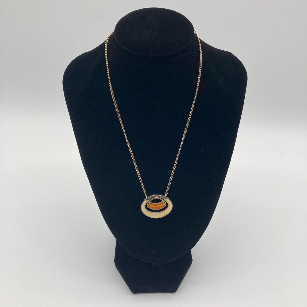 Vintage Sarah Coventry 1970s Mod Cream Enamel Orange Floating Pendant Necklace